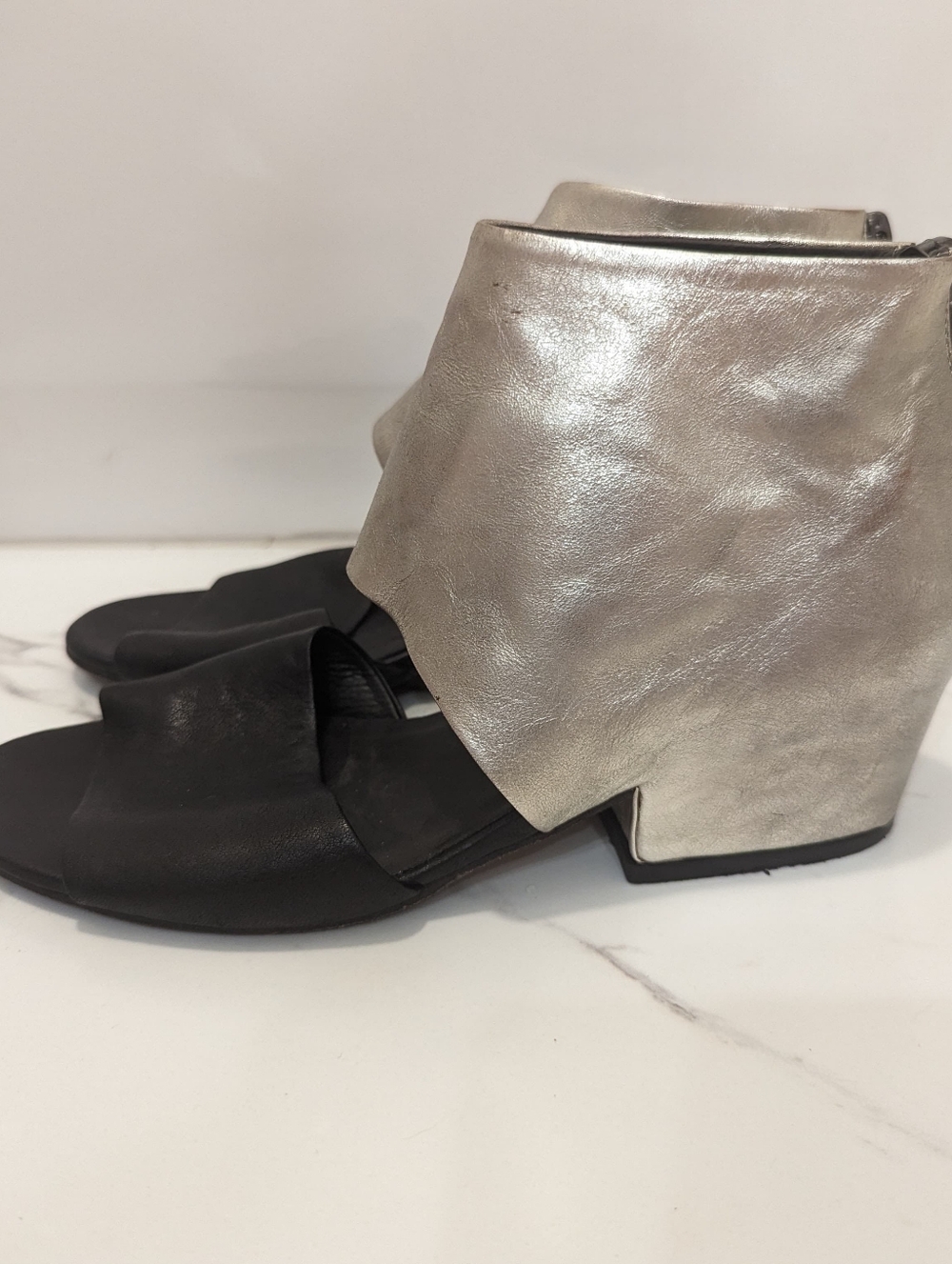 Settima Silver Black Leather Missile Chunky Heeled Sandals Made in Italy 36.5